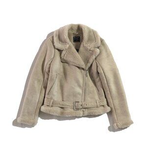 NWT Abercrombie and Fitch Moto Jacket Womens Size XS Beige Suede Faux Shearling